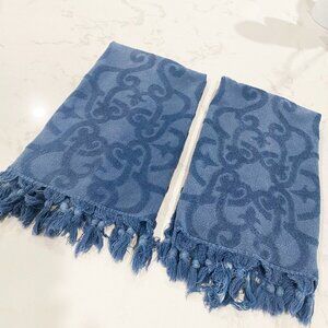 Set of 2 Pottery Barn Hand Towels Blue Sculpted Terry Tassels 29 x 17 1/2"